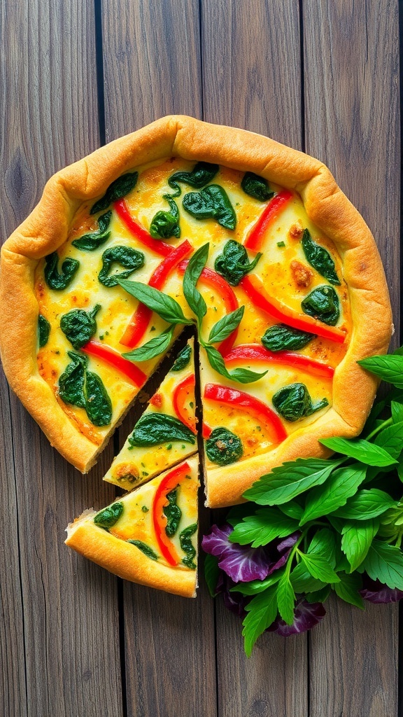Vegetable Quiche Recipe A slice of vegetable quiche with spinach and bell peppers on a wooden table, garnished with herbs.